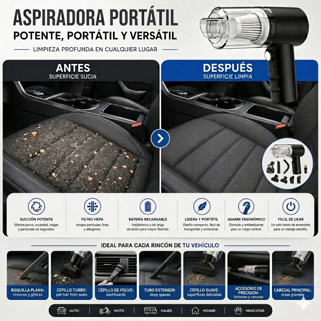 Aspiradora Portátil — Limpia Tu Casa y Tu Carro en Segundos