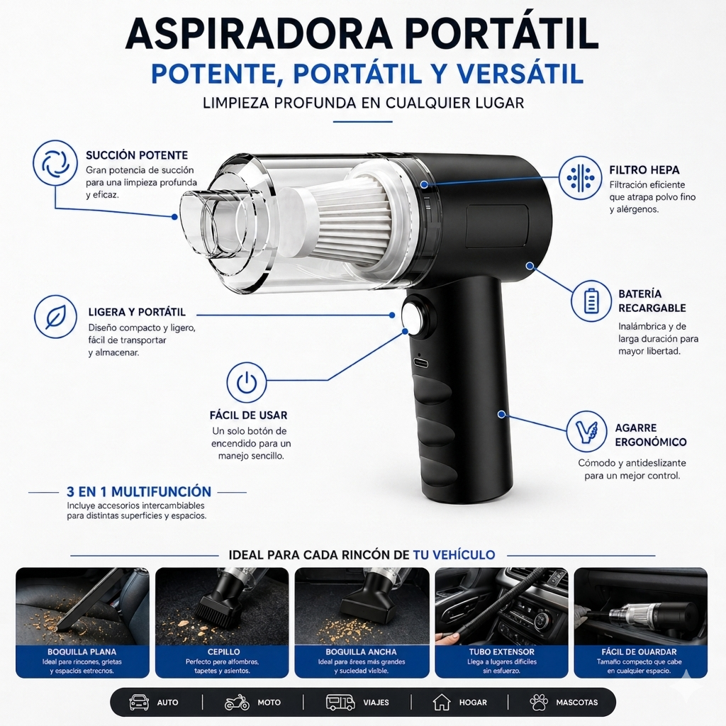 Aspiradora Portátil  — Limpia Tu Casa y Tu Carro en Segundos